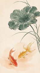Two koi fish under lotus leaf
