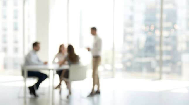 A blurred view of a modern office setting depicts a small group of business professionals engaged in a meeting or discussion near a - Powered by Adobe
