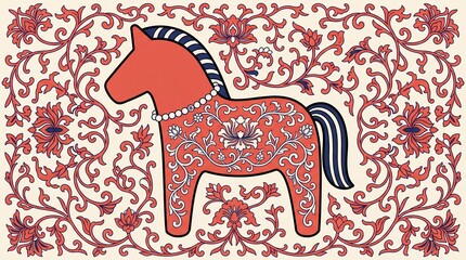 Red horse with floral patterns