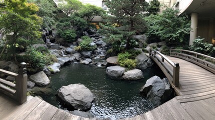 Tranquil japanese garden scene with wooden bridge and pond