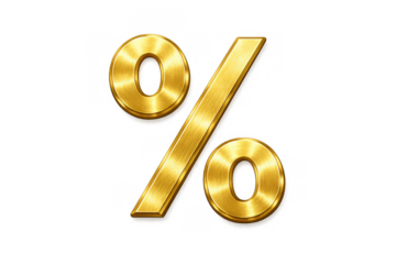 Golden percentage symbol, a metallic 3d graphic representing sales, offers, income, profit, and investment. Transparent background