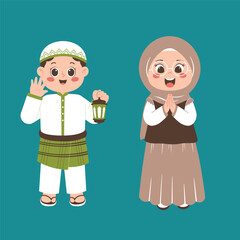 A cute cartoon illustration of a Muslim boy holding a lantern and a Muslim girl in hijab making a greeting gesture, on a teal background.