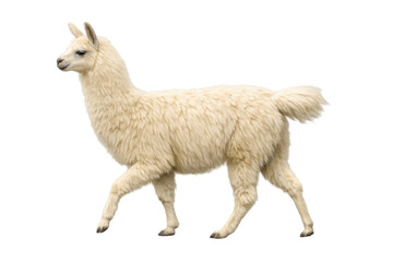 Obraz premium White llama looking left and walking, fluffy wool animal with long neck on transparent background