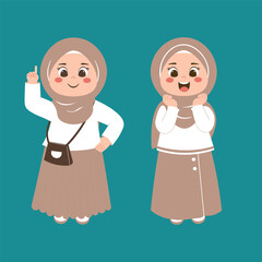 Two cute cartoon Muslim girls wearing hijabs and modest brown and white outfits, one pointing up, the other looking surprised.