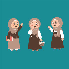 Cute cartoon illustration of three young Muslim girls in hijabs, showing various friendly gestures and expressions.