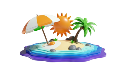 3D Tropical Island with Sun, Palm Tree, and Umbrella