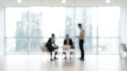 Fototapeta premium A blurred image showcasing a modern office setting with three individuals engaged in a discussion near a large window with a city view