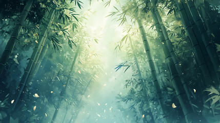 Obraz premium Sunlight filtering through a dense bamboo forest canopy.