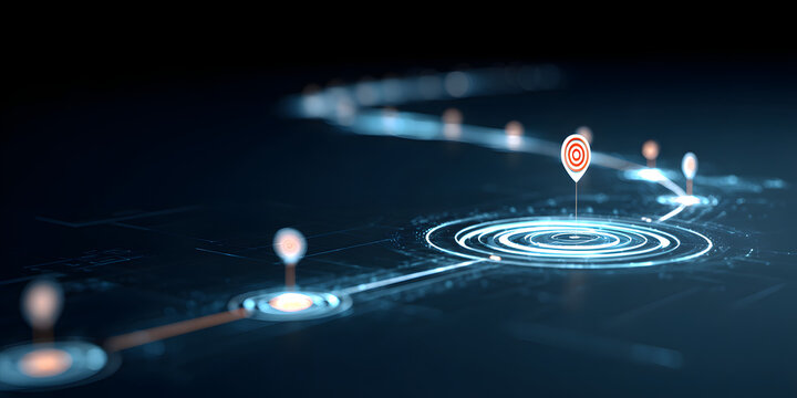 Visualization depicts a digital pathway with illuminated marker pins, showcasing a route towards a target destination across a dark, abstract background with blue and orange lighting.