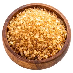 Bowl filled with golden brown sugar crystals, a sweet treat in a rustic wooden dish