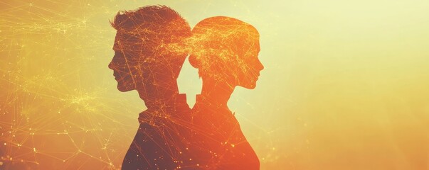 Business network concept with business people silhouettes in double exposure on an abstract background, digital banner design, Generative AI