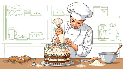 Professional Baker Decorating a Layer Cake with Cream, Food Artist Cartoon Vector Image, Pastry Chef Applying Frosting with Precision, isolated on transparent background.