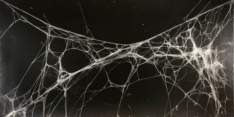 Black background with white spider webs, hanging from the left and right sides of the screen The webs are thin and long, Generative AI