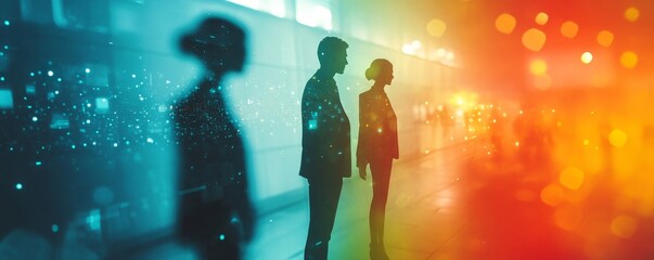 Business network concept with business people silhouettes in double exposure on an abstract background, digital banner design, Generative AI