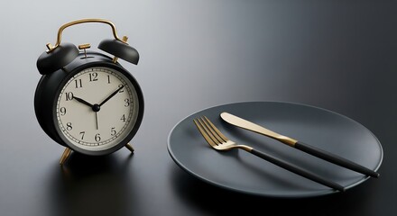 A black alarm clock with gold accents stands beside a dark plate with elegant gold and black cutlery, set against a dark background.
