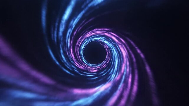 Abstract swirling vortex of cosmic energy with glowing blue and purple lights in the darkness of deep space, representing a wormhole or singularity