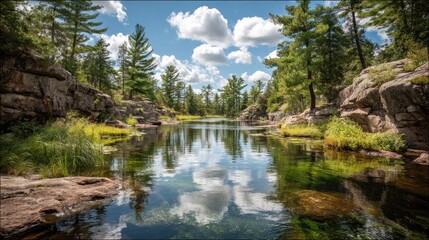 Tranquil waterway flows between rocky banks lined with evergreen trees under a bright, cloudy sky