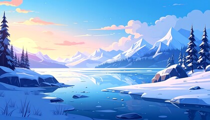 Serene winter landscape, snow-capped mountains and a tranquil frozen lake