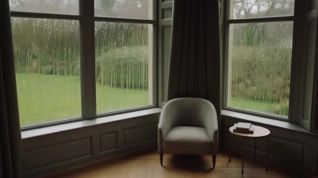 Library corner with a rain streaked windowpane and a blurry green garden outside against a deep windowsill with a plush chair and book inside, moody and cozy rainy day atmosphere