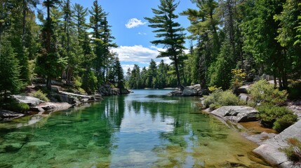 Clear emerald water flows between rocky shorelines bordered by dense evergreen forest under a bright sky