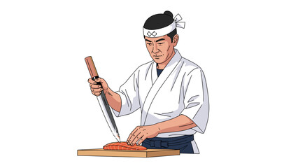 Sushi Chef Expertly Slicing Salmon, Precision & Traditional Preparation - Japanese Cuisine, Isolated on transparent background, Culinary Arts Illustration