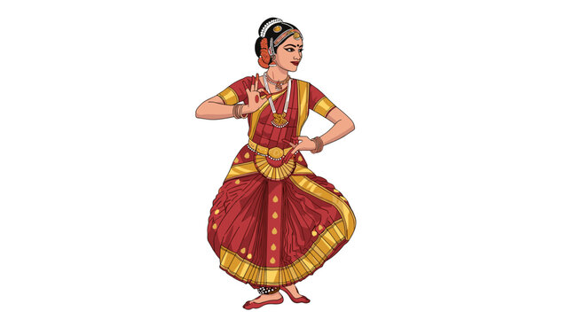 Bharatanatyam Dancer Illustration: Graceful Indian Woman Performing Classical Dance Pose, Cultural Heritage Artwork isolated on transparent background for Diwali, Weddings, Celebrations