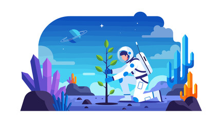 Astronaut Planting Tree on Alien Planet: Future Hope & Environmentalism, Space Colonization Concept, Isolated on transparent background, Vector Illustration
