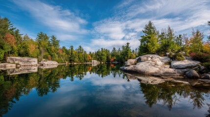 Still blue water perfectly mirrors a vibrant, rocky shoreline and bright sky on a clear day