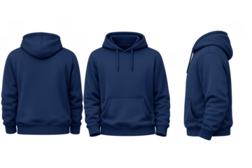 Navy blue hoodie template displaying front, back, and side views of the blank hooded sweatshirt, ready for graphic or logo design