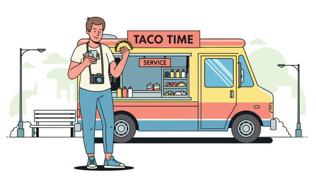 Food Truck Taco Time Vector Illustration: Happy Tourist Taking Picture Isolated on Transparent Background, Mobile Food Business, Restaurant Promotion, Delicious Meal
