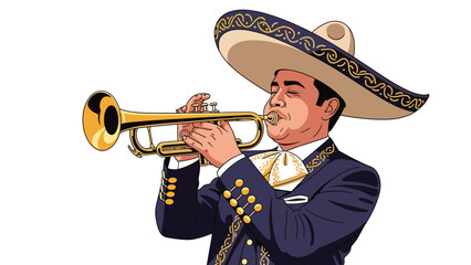 Mariachi Musician Playing Trumpet, Celebrating Hispanic Heritage, Isolated on transparent background. Vector Illustration for Cinco de Mayo and Mexican Holidays.