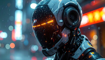 Close-up of a futuristic android head in a rainy urban environment. Glowing eyes and details reflect neon lights