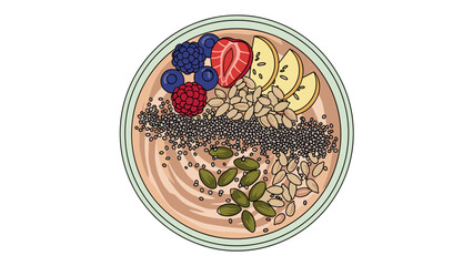Vector Smoothie Bowl with Berries and Seeds Illustration for Healthy Lifestyle, Breakfast, and Wellbeing. Hand Drawn Graphic Art Food Design isolated on transparent background.