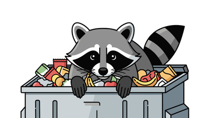 Mischievous Raccoon Cartoon Character in a Full Dumpster, Scavenging Food, Isolated on transparent background. Wildlife Vector Illustration for Environmental Awareness.