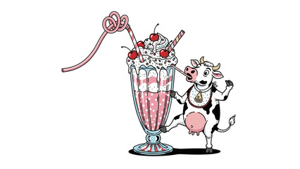 Cartoon Cow Enjoying Strawberry Milkshake, Playful Vector Illustration isolated on transparent background. Dairy Farm Fun for Kids, Restaurant Menu, Advertising.