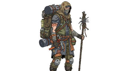 Apocalyptic Survivor Character Vector Illustration: Courageous Nomad with Backpack, Walking Stick, and Hood, Isolated on Transparent Background. Vigilant, Adventure, Quest.