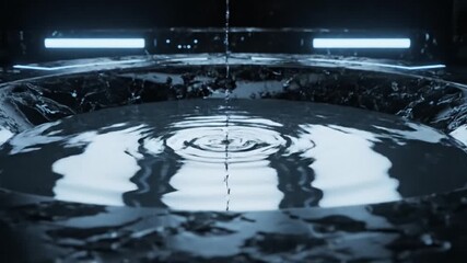 Crystal Clear Water Pouring into a Reflective Sink with Swirling Water Patterns and Subtle Reflections of Plants in a Cool Blue Toned Lighting Environment