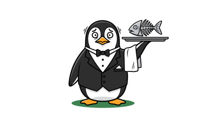 Cartoon Penguin Waiter Serving Fish Skeleton, Funny Food Crisis Concept, Isolated on Transparent Background, Vector Illustration for Kids, Menu Design, and Restaurant Mascot