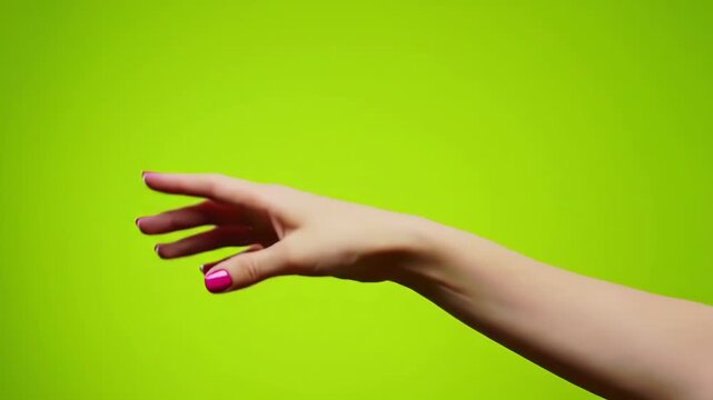 A hand with pink nails on a bright green background in a pointing gesture