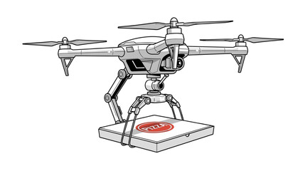 Futuristic Pizza Delivery Drone Vector. Fast Food Concept, High-Tech Courier Service, Automated System. Modern Illustration Isolated on Transparent Background.