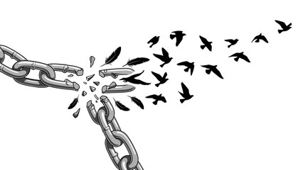 Freedom Concept: Broken Chain with Birds Flying Away and Feathers, Liberty and Liberation, Isolated on transparent background for graphic design, symbol of hope.