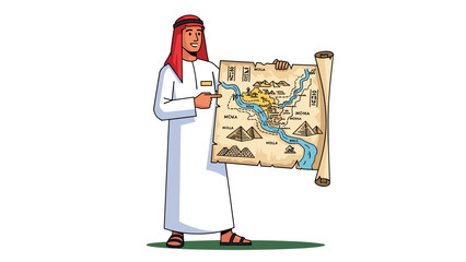 Happy Arab Man with Egypt Map Scroll, Ancient Adventure Illustration, Travel Guide Concept. Tourism and History Vector Isolated on Transparent Background.