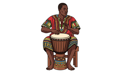 Concentrated African Drummer Playing Djembe in Traditional Dashiki Clothing, Rhythm and Culture, Isolated on transparent background, Vector Illustration.