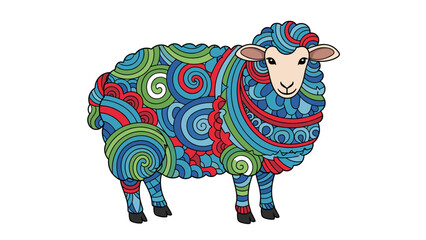 Colorful Decorative Sheep Vector Illustration, Whimsical Art with Swirling Patterns, Symbol of Peace and Innocence, Isolated on transparent background.
