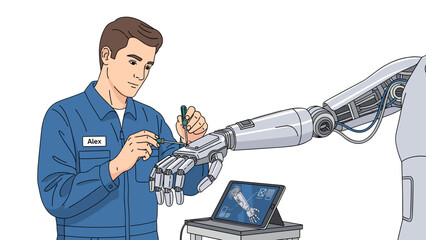 Robotics Engineer Repairing Robot Arm - Future Technology Concept. Focused Technician Fixing Mechanical Limb with Precision Tools, isolated on transparent background.