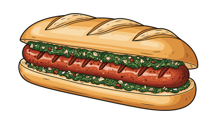 Delicious Choripan Illustration - South American Street Food with Chimichurri, Hot Dog in Baguette, Tasty Snack, Argentinian Cuisine, isolated on transparent background