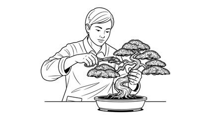 Man Pruning Bonsai Tree, Vector Illustration for Miniature Gardening and Zen Arts, isolated on transparent background. Serene Cultivation, Traditional Hobby Art