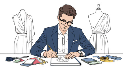 Fashion Designer Sketching Dress Designs: Creative Couture Professional at Work isolated on transparent background, Crafting Apparel Ideas for New Collection