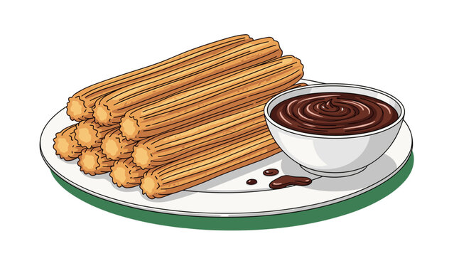 Tasty Cartoon Churros with Rich Chocolate Dip, Sweet Treat on Plate, Delicious Dessert, Isolated on transparent background, Perfect Snack, Vector Illustration