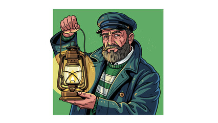 Cartoon Sea Captain Holding Lantern, Vintage Mariner Character Leading the Way, Coastal Navigation, Guidance and Hope Symbol, Illustration isolated on transparent background